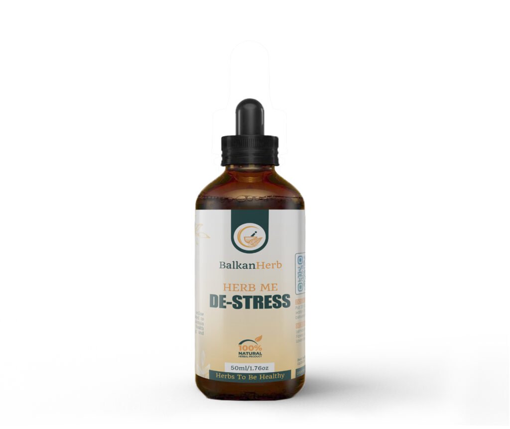 A showcase of a bottle of herbal extract formula for stress relief by BalkanHerb
